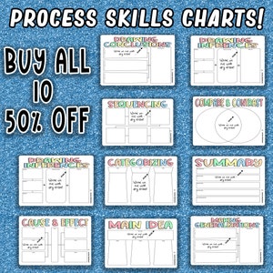 May include: A set of 10 printable process skills charts for students. The charts are designed to help students learn and practice different thinking skills, such as drawing conclusions, drawing inferences, sequencing, comparing and contrasting, categorizing, summarizing, cause and effect, main idea, and making generalizations. Each chart has a colorful border and includes the words "Write on me with dry erase!"