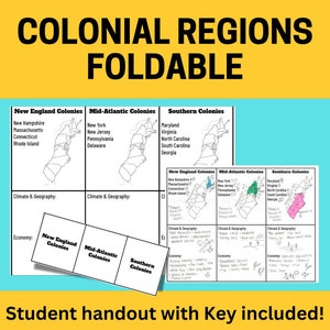 13 Colonies, New England, Middle, Southern, Geography, United States, Social Studies, Student Handouts, Worksheet, activity, foldable
