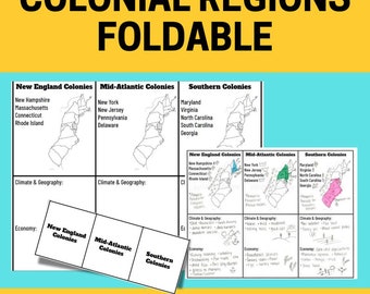 13 Colonies, New England, Middle, Southern, Geography, United States, Social Studies, Student Handouts, Worksheet, activity, foldable