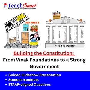 May include: Educational graphic titled "Building the Constitution: From Weak Foundations to a Strong Government." The image includes illustrations of the legislative, executive, and judicial branches, along with key concepts like "We The People."