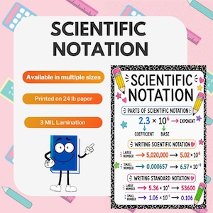 May include: An educational poster titled Scientific Notation featuring a black and white border, yellow pencils, and colorful stars. It displays parts of scientific notation, examples of writing scientific notation for large and small numbers, and standard notation conversions.