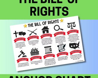 Könnte beinhalten: Ein farbenfrohes Diagramm, das die Bill of Rights mit Symbolen für jeden Verfassungszusatz veranschaulicht. Das Diagramm enthält Text, der die durch jeden Verfassungszusatz garantierten Rechte beschreibt.