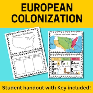 Europese kolonisatie, Verenigde Staten, Aardrijkskunde, Sociale Studies, Hand-outs voor studenten, Sleutel, Werkblad, activiteit, Amerikaanse geschiedenis, Amerikaanse geschiedenis