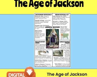May include: A blue and yellow anchor chart titled "The Age of Jackson" with a portrait of Andrew Jackson in the center. The chart outlines key events and policies of Jackson's presidency, including Jacksonian Democracy, Indian Removal Act, Nullification Crisis, and Unrestrained Power.