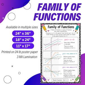 May include: An educational poster titled Family of Functions featuring mathematical graphs and definitions. It lists sizes 24" x 36", 18" x 24", and 11" x 17", printed on 24 lb poster paper with 3 mil lamination. The design includes pencil illustrations.