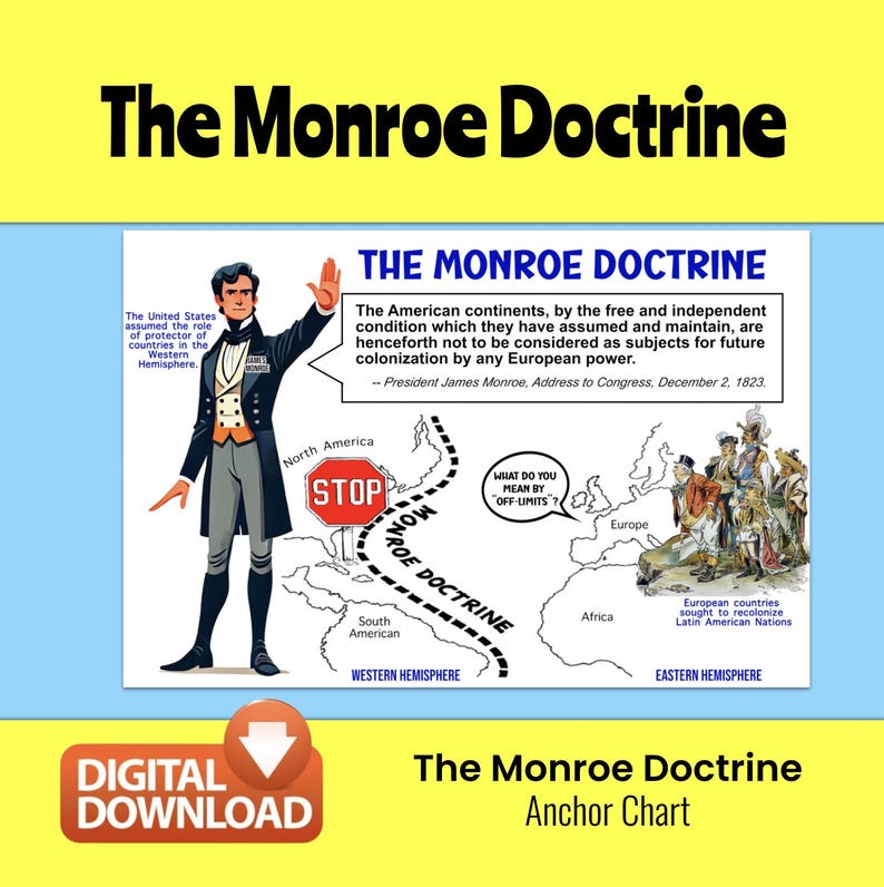 Peut inclure: Une affiche d'ancrage colorée expliquant la doctrine Monroe, une politique étrangère américaine qui décourageait la colonisation européenne en Amérique. Le graphique présente une carte de l'hémisphère occidental avec un panneau d'arrêt rouge et une citation du président James Monroe.
