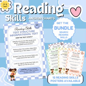 May include: A collection of educational posters with the theme of reading skills. The posters are in a blue and white checkered pattern. The main poster focuses on text structure, with other posters on author's purpose, literary elements, and plot and character.
