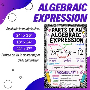 May include: An educational poster titled Parts of an Algebraic Expression featuring the equation 7x^2 + 4x - 12 with labels for coefficient, exponent, constant, and variable. It includes vocabulary definitions and is available in 24" x 36", 18" x 24", and 11" x 17".