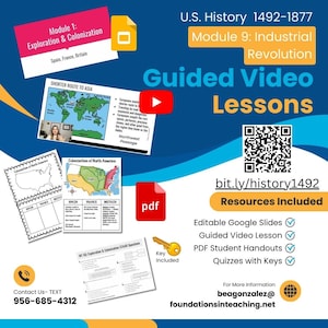May include: Educational resources for U.S. History, including editable Google Slides, video lessons, student handouts, and quizzes. The image features a map, a YouTube play button, and the text "Guided Video Lessons."