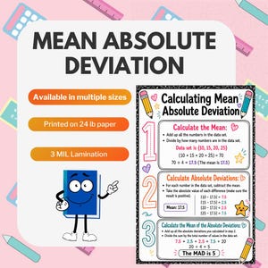 May include: An educational poster titled Mean Absolute Deviation with a step-by-step guide on calculating the mean, absolute deviations, and the mean of absolute deviations. It features a cartoon blue book character and colorful pencil illustrations.