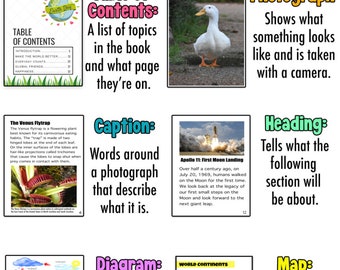 Non-Fiction, Text features, table of contents, caption, English language Arts, Reading, Anchor Charts, School Posters, Education