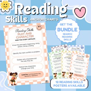 May include: A collection of reading skills anchor charts with a light blue and peach checkered background. The main chart focuses on plot and character, with other charts on theme, text structure, and author's purpose. The text reads "Get the Bundle" and "12 Reading Skills Posters Available."