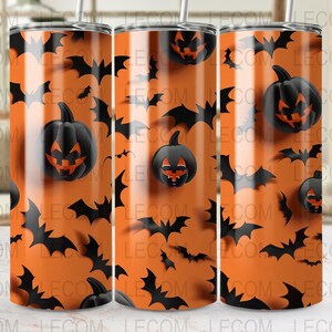 Halloween Pumpkin and Bats 20oz Skinny Tumbler Wrap, Sublimation PNG, Halloween Digital Download, High-Resolution 300 DPI