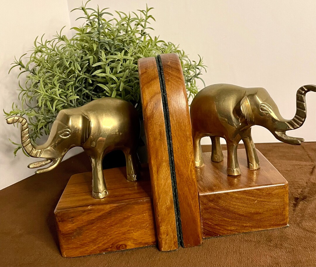 Vintage Brass Elephant Bookends With Teak Wood Base Trunks up Good Luck