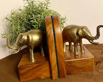 Vintage Brass Elephant Bookends with Teak Wood Base Trunks Up Good Luck Made in India