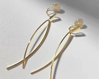 Clip On Boucles d’oreilles plaqué or 14k Français vintage Minimaliste Double Tassel Drop| Nouvelle conception de bobine de clip sans douleur| Oreilles non percées