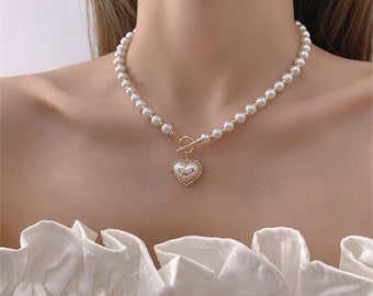 Français Collier de perles Sweet Heart, collier de perles, choker, collier de perles brillantes, collier Minimalism OT, colliers de fête, cadeau pour elle