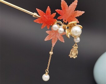 Retro Alloy Maple Leaf Hair Stick ,Tassel Pendant Chinese Hair Chopsticks Hairpin,Red Chinese Hair Pin With Peals,Unique Gift