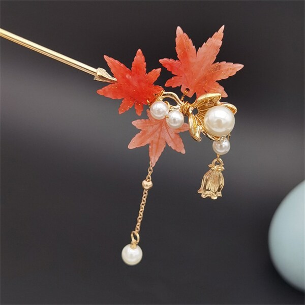 Retro Alloy Maple Leaf Hair Stick ,Tassel Pendant Chinese Hair Chopsticks Hairpin,Red Chinese Hair Pin With Peals,Unique Gift