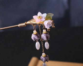 Eleganti accessori floreali per capelli: fermagli per capelli con frange di mughetto viola, accessori per capelli floreali vintage, fermagli per capelli Hanfu