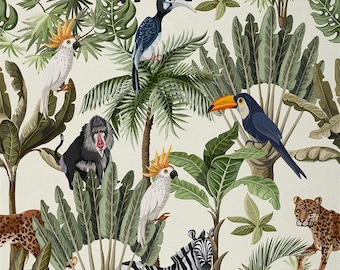 Tela de poliéster de la selva cortada a medida, tela de hojas de palmeras botánicas tropicales para coser, tela de leopardo cebra tucán salvaje, hecha a mano
