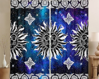 Exotic Sun Handmade Window Curtains, Bohemian Mandala Floral Print Window Drapes, Blue Purple Starry Galaxy Curtain 2 Panel Set