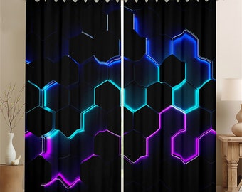 Rideaux de fenêtre géométriques hexagonaux faits à la main, ensemble de rideaux de fenêtre en nid d'abeille bleu dégradé néon, rideaux à paillettes abstraits 3D