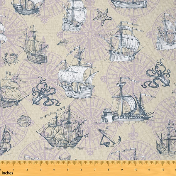 Nautical Compass Anchor Fabric by The Yard, Navigation Sailboat Retro Graffiti Fabric for Sewing, Ocean Adventure Polyester Fabric, Handmade