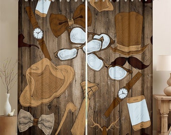 Brown Retro Window Drapes, Western Cowboy Tribal Hats Print Curtain Set, Rustic Wooden Board Print Window Curtains, Handmade