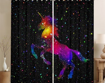 Regenbogen Galaxy handgefertigte Fenstervorhänge, Einhorn Pferd Wildtier Fenster Behandlungen, Universum Sternennebel Dekor Fenstervorhänge