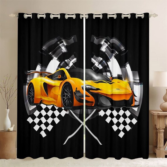 Yellow Race Car Window Curtains Handmade Black and White Etsy