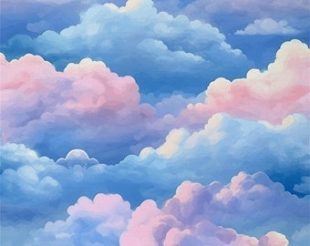 Pink Blue Clouds Fabric by The Yard, Watercolor Fantasy Sky Polyester Fabric, Romantic Tie Dye Paint Fabric for Upholstery, Handmade