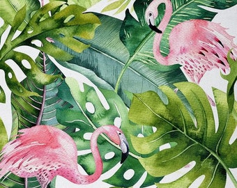 Tissu polyester flamant rose par mètre, tissu animal tropical aquarelle pour le rembourrage, tissu botanique feuilles de palmier de la jungle, fait main