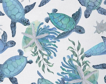 Tissu turquoise tortue de mer par mètre, tissu animal océan aquarelle pour la couture et le rembourrage, tissu en polyester corail sous-marin, fait main