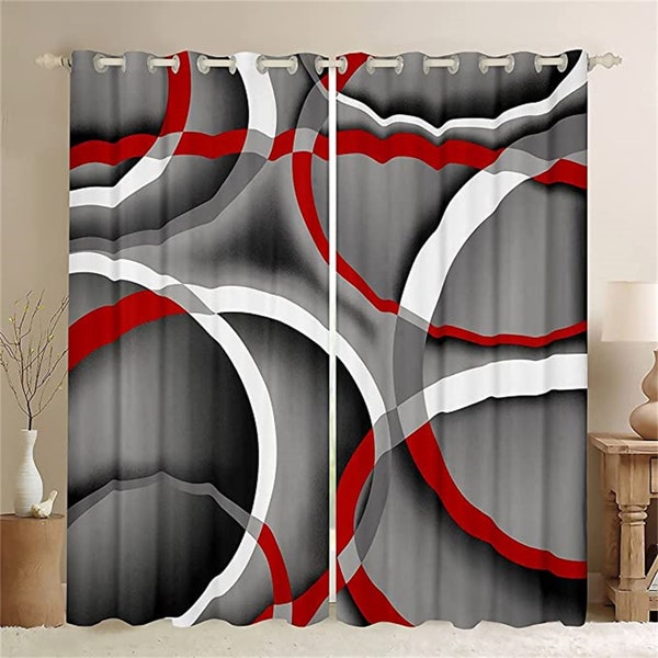 Red Gray Handmade Window Curtains, Geometric Circle Curtain for Bedroom, Abstract Art Style Window Drapes