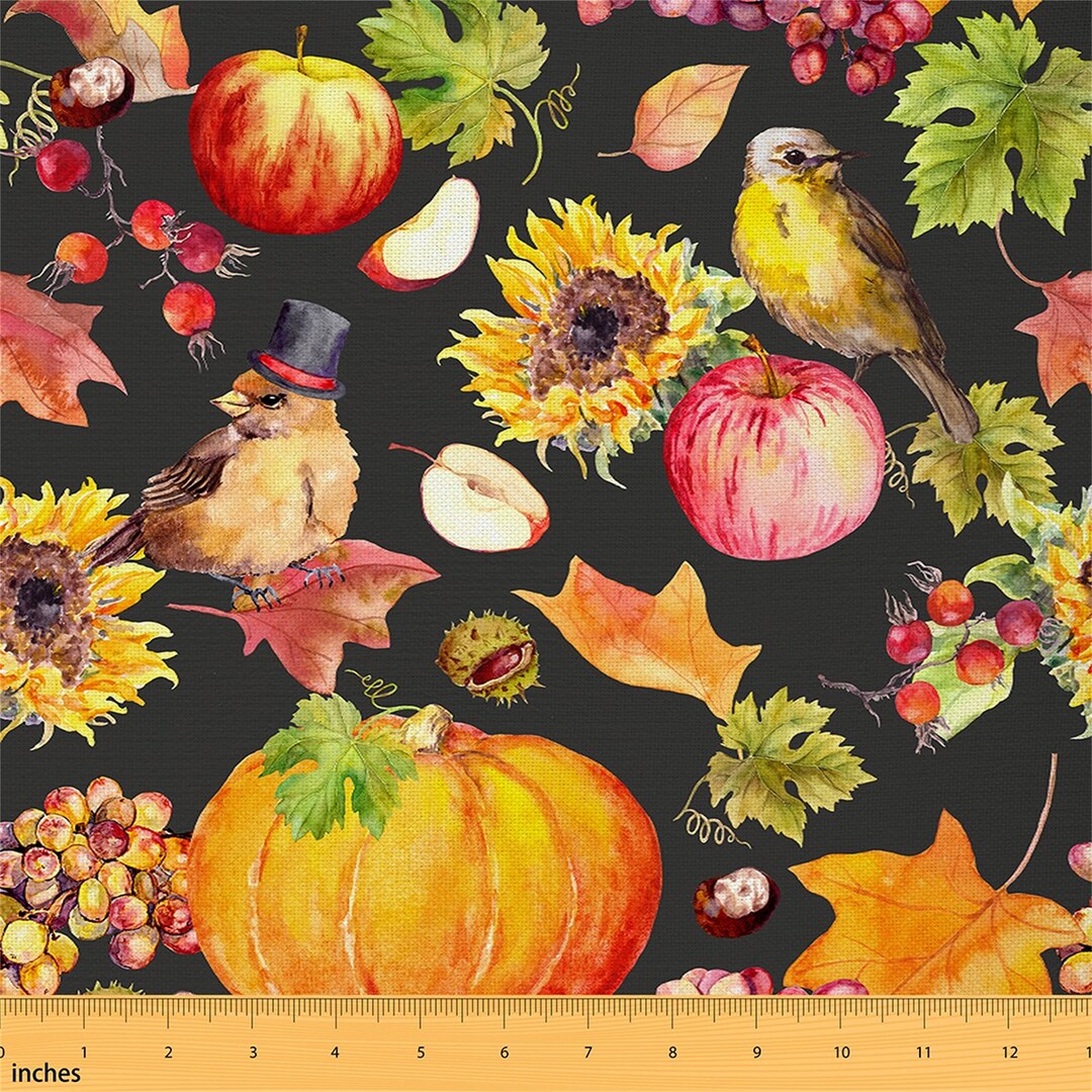 Autumn Rustic Fabric by the Yard, Botanical Pumpkin Sunflower Maple ...