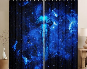 Galaxy Jellyfish Window Curtains, Dreamy Ocean Marine Life Window Drapes, Blue Starry Universe Gradient Blue Curtain Set, Handmade