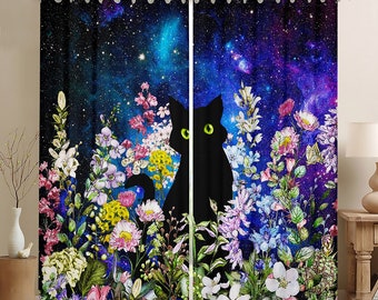 Black Cat Window Curtain Set, Lovely Animal Nature Flowers Plants Window Drapes, Starry Blue Purple Galaxy Glitter Curtains, Handmade