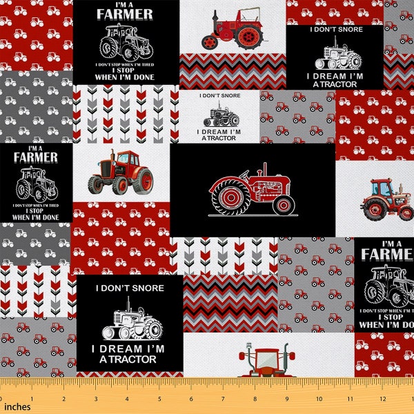 Farm Tractor Fabric by The Yard, Rustic Farmhouse Equipment Sewing Fabric, Red Black White Plaid Stripe Splicing Polyester Fabric, Handmade