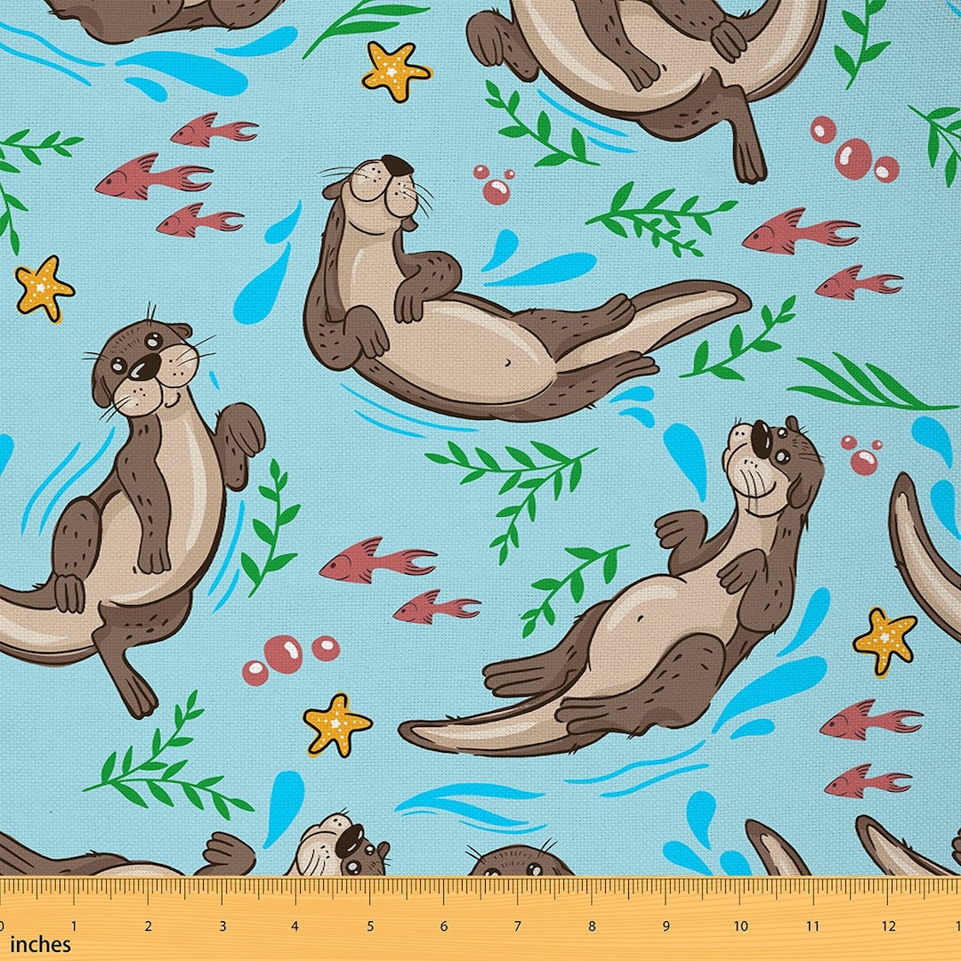 Polyester Graphics Cartoon Cartoon Otter Polyester Fabric by the Yard, Lovely Ocean Animal Fabric ...