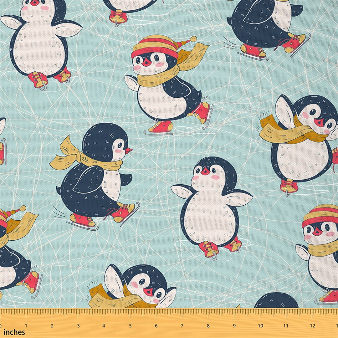 Cartoon Penguin Fabric by the Yard, Cute Winter Animal Polyester Fabric ...
