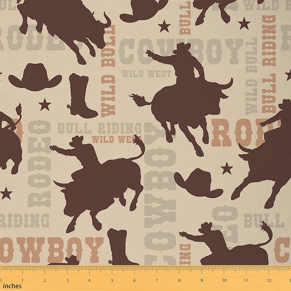 Western Cowboy Brown Polyester Fabric by The Yard, Retro Horse Riding Fabric, Tribal Boots Texas Stars Graffiti Fabric for Sewing, Handmade