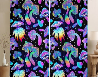 Aquarelle Champignon Fenêtre Rideaux, Starry Galaxy Neon Plants Window Curtain, Psychedelic Botanical Boho Hippie Curtain Set