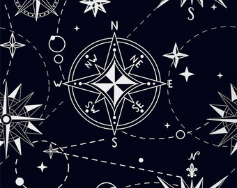 Nautical Compass Polyester Fabric by The Yard, Black White Artistic Upholstery Fabric, Starry Geometric Navigation Sewing Fabric, Handmade