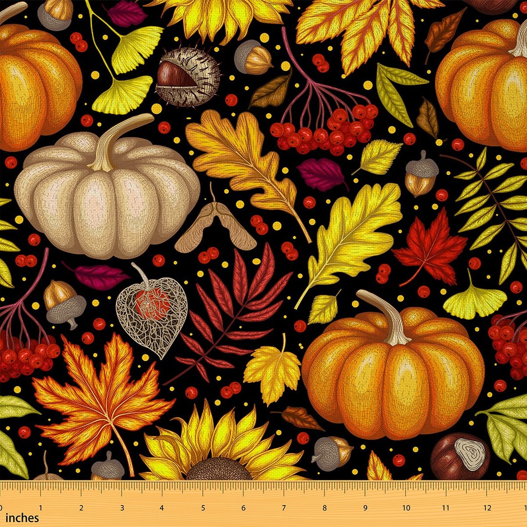 Autumn Nature Fabric by the Yard, Fall Pumpkin Maple Leaves Fabric for ...