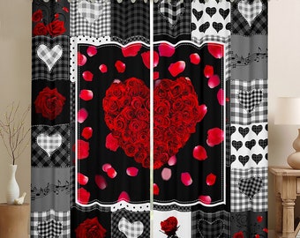 Rideaux de fenêtre pétales de fleurs roses rouges, ensemble de rideaux pour couples Saint-Valentin, rideaux de fenêtre à carreaux noirs romantiques, fait main