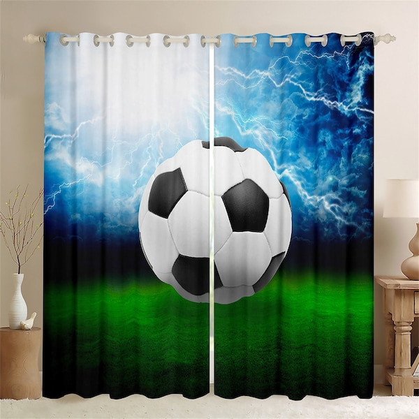 Handmade Football Window Curtain, Cool Lightning Strike Curtains, Ball Sports Game Window Drapes, 3D Print Soccer Curtain Set 2 Panels