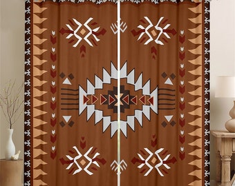 Rideaux de fenêtre faits à la main par la tribu du wapiti, ensemble de rideaux de fenêtre de style occidental brun boho, rideaux traditionnels à rayures géométriques vintage