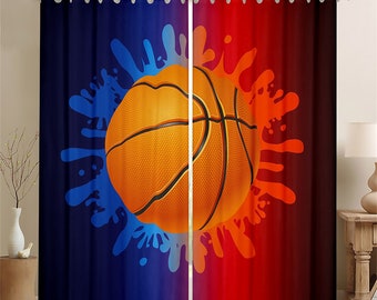 Sports Basketball Handmade Window Curtain, 3D Sports Ball Games Theme Window Drapes, Blue Red Spray Painting Art Curtain Set Decoration