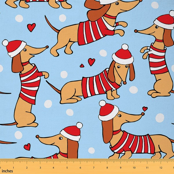 Christmas Dachshund Fabric by The Yard, Cartoon Lovely Puppy Dog Animal Fabric for Sewing, Xmas Hat Blue Polyester Fabric, Handmade